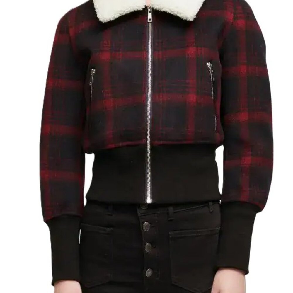 MAJE Bloppane Plaid Wool Blend Bomber Jacket FR 38 US 6 Red Navy Cropped EUC